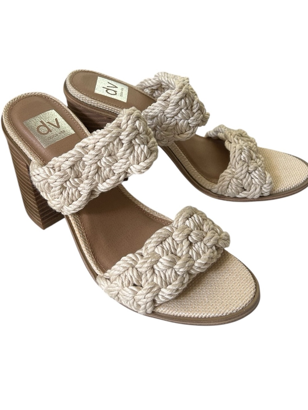 Roulette Cream Braided Double-Strap Block Heel Sandals